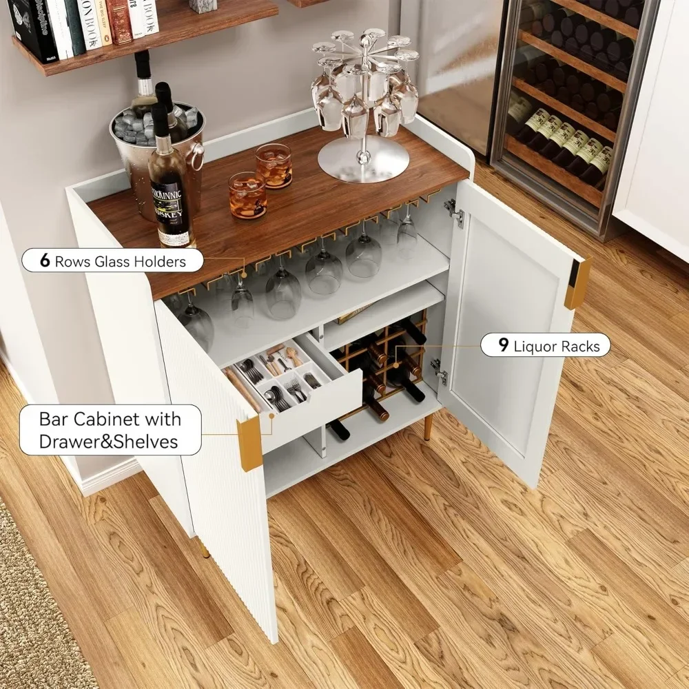 Wine Bar Cabinet with Fluted Texture, Modern Coffee Cabinet with Wine Rack&Glass Holder, White Kitchen Buffet Sideboard