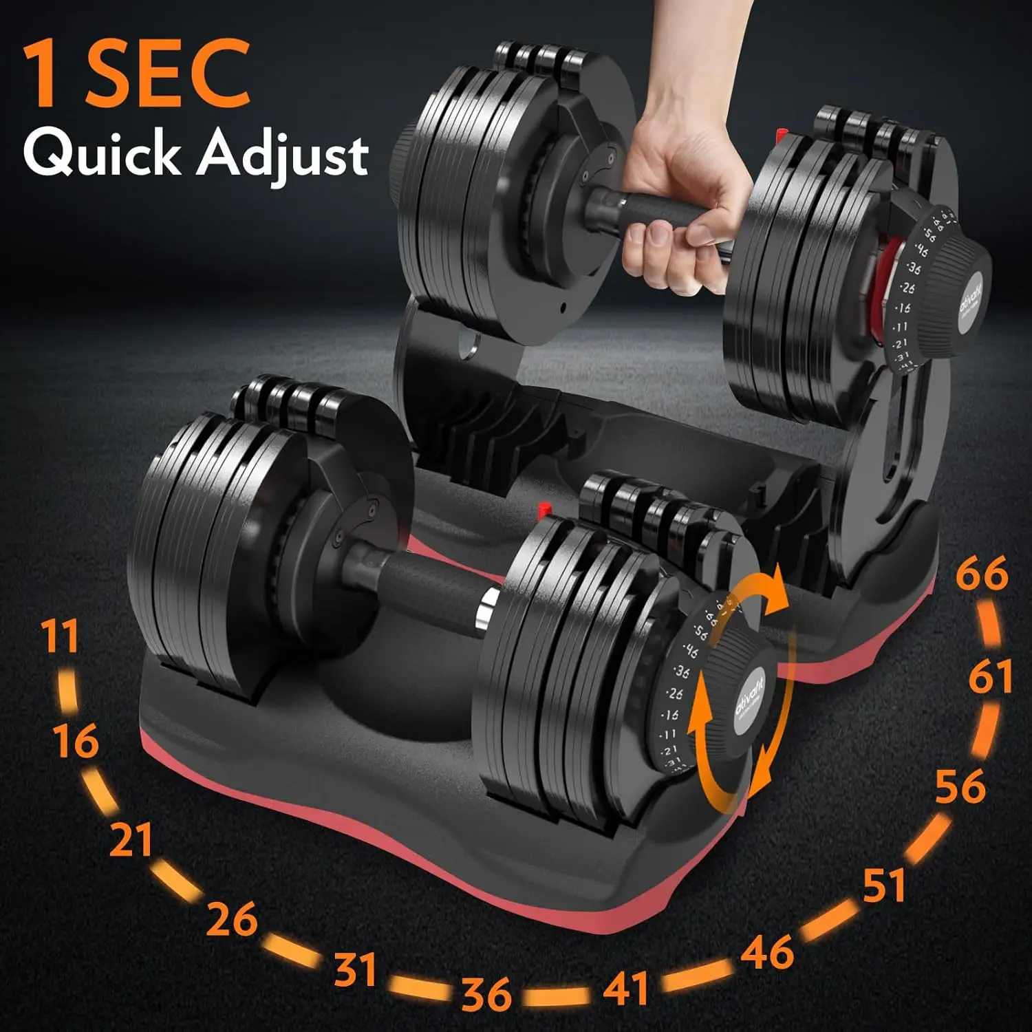 LBS/66LBS/88LBS Adjustable Dumbbell Set with Anti-slip Handle 12 In 1 Quick Dial Adjustment Weights With Safety Locking B