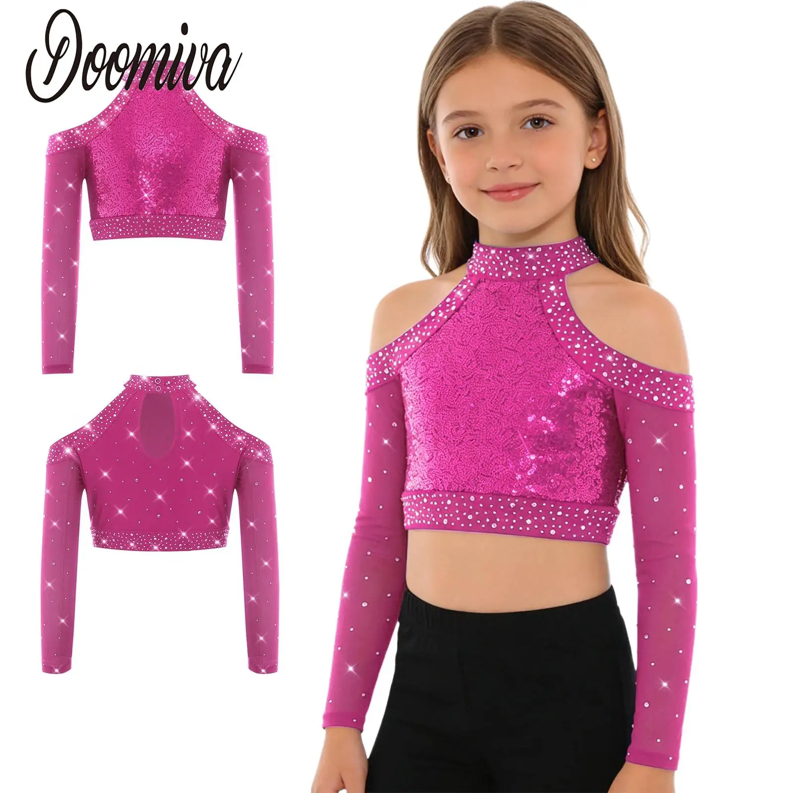 

Kids Girls Sequins Jazz Dance Crop Top Modern Ballet Belly Tango Dance Costume Shirts Cold Shoulder Long Sleeve Cheerleader Top