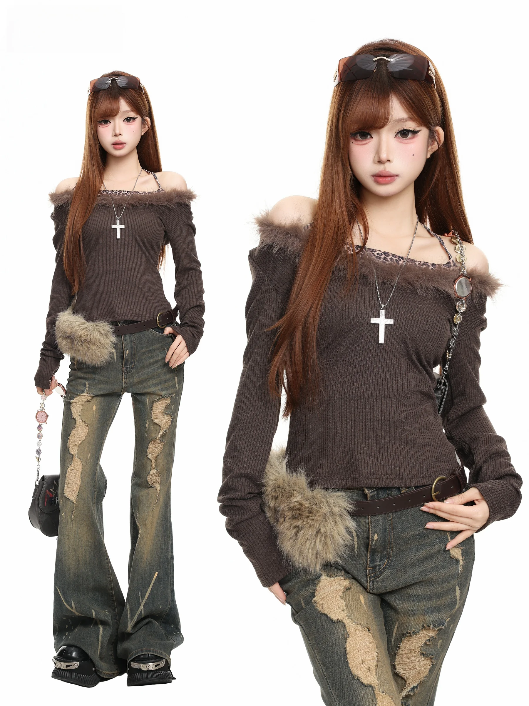 BASTERDS American Style Leopard Print Long Sleeve T-Shirt Women's Autumn Hot Girl Slim Base Top with Fur Collar Fake Two-Piece