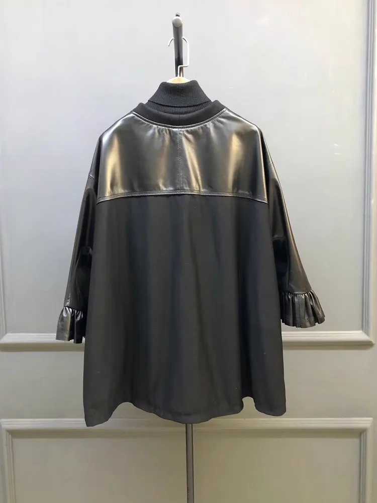 Streetwear Loose Fit Women Patchwork Genuine Leather Pullover Jacket O Neck Flare Sleeve Oversize Casual Top Female Outerwear