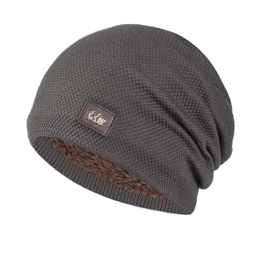 Warm Fleece Lined Casual Knitted Hat Knitted Material Label Decor Slouchy Winter Hats Solid Pullover Turban Cap Men and Women