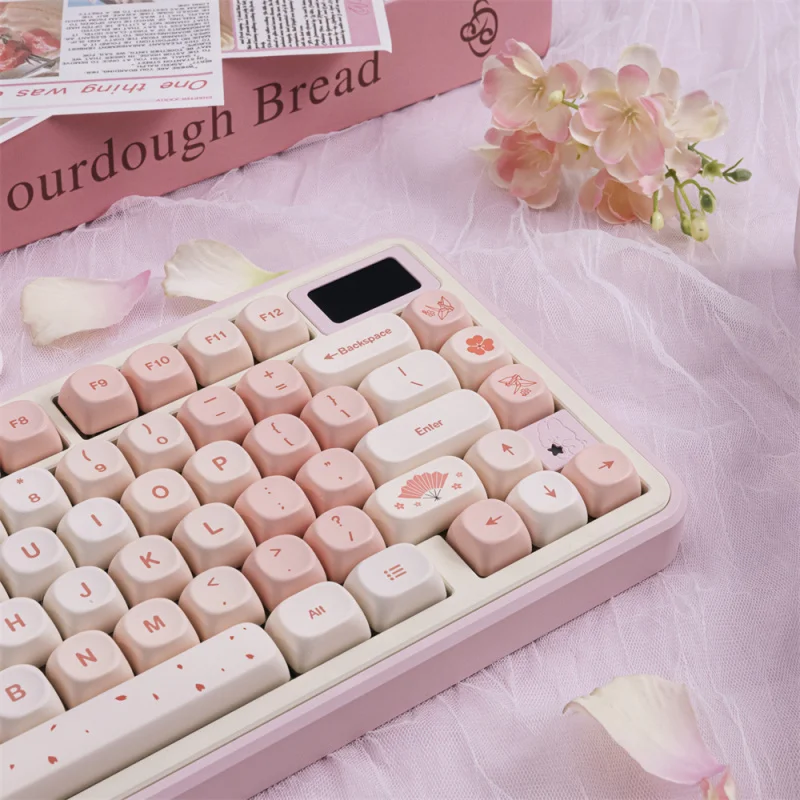 MOA Keycaps-Pink Sakura,129 Keys Cute PBT Dye-Sublimation Custom Cherry Blossom Keycap Set For MX Swithes Mechanical Keyboards