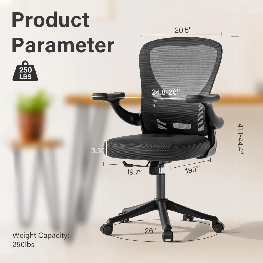 Computer Desk Chair with Wheels, Mesh Office Chair with Flip Up Arms, Adjustable Lumbar Support, Swivel Desk Chair Comfy,
