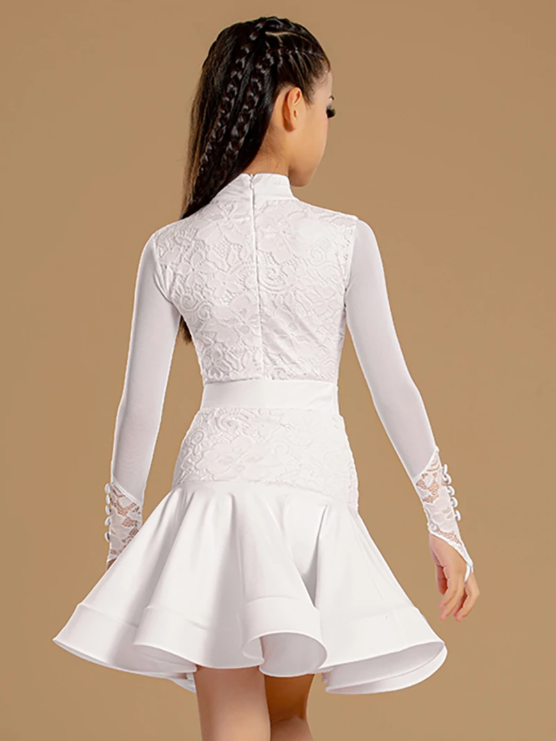 Body de malla de manga larga para niñas y faldas de espina de pescado, vestido de práctica de competición latino moderno profesional de tres piezas