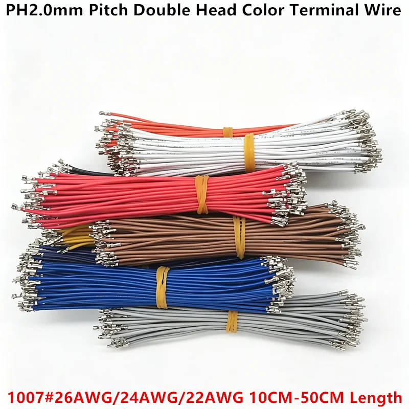 100Pcs PH2.0mm Pitch Double Head Color Terminal Wires 22AWG/24AWG/26AWG Red Black Electronic Connector Wires 10CM~50CM
