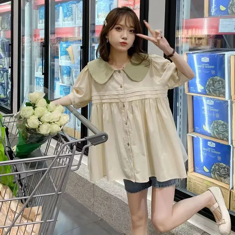 الحلو بيتر بان طوق تقسم طيات فانوس كم قمصان الملابس النسائية 2025 صيف جديد فضفاض الكورية بلايز كل مباراة البلوزات #2