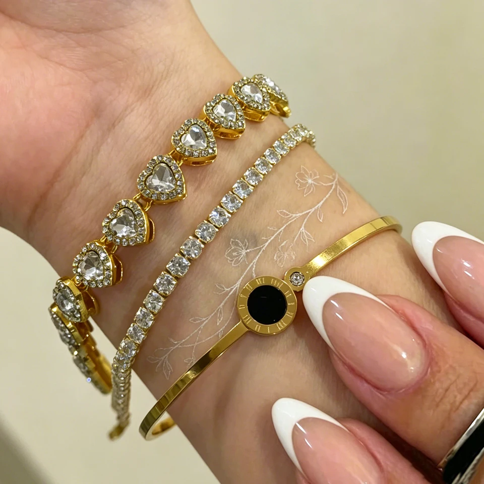 Yupsk 1/3pcs Gold Color Buling CZ Rhinestone Heart Tennis Bracelets for Women Trendy Versatile Stackable Jewelry