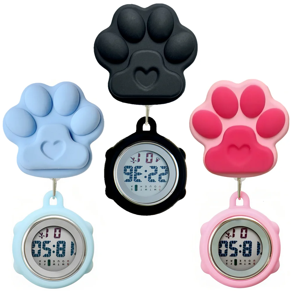 Cartoon Katze Hund Klaue Fußabdruck Krankenschwester Arzt einziehbare Abzeichenrolle digitale elektronische Multifunktions wasserdichte Taschenuhren