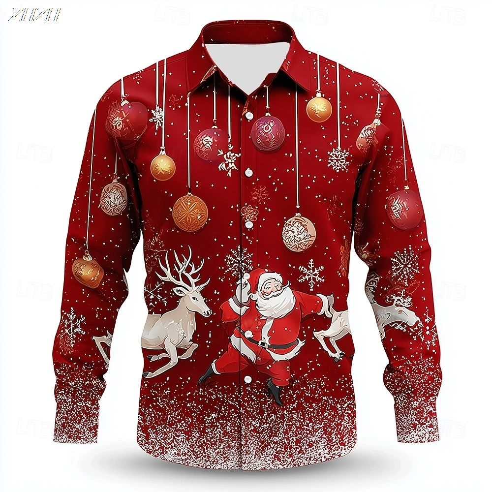 Festive Santa Reindeer Ornament Print Men Long Sleeve Button Down Shirt Christmas Holiday Wear Party Top For