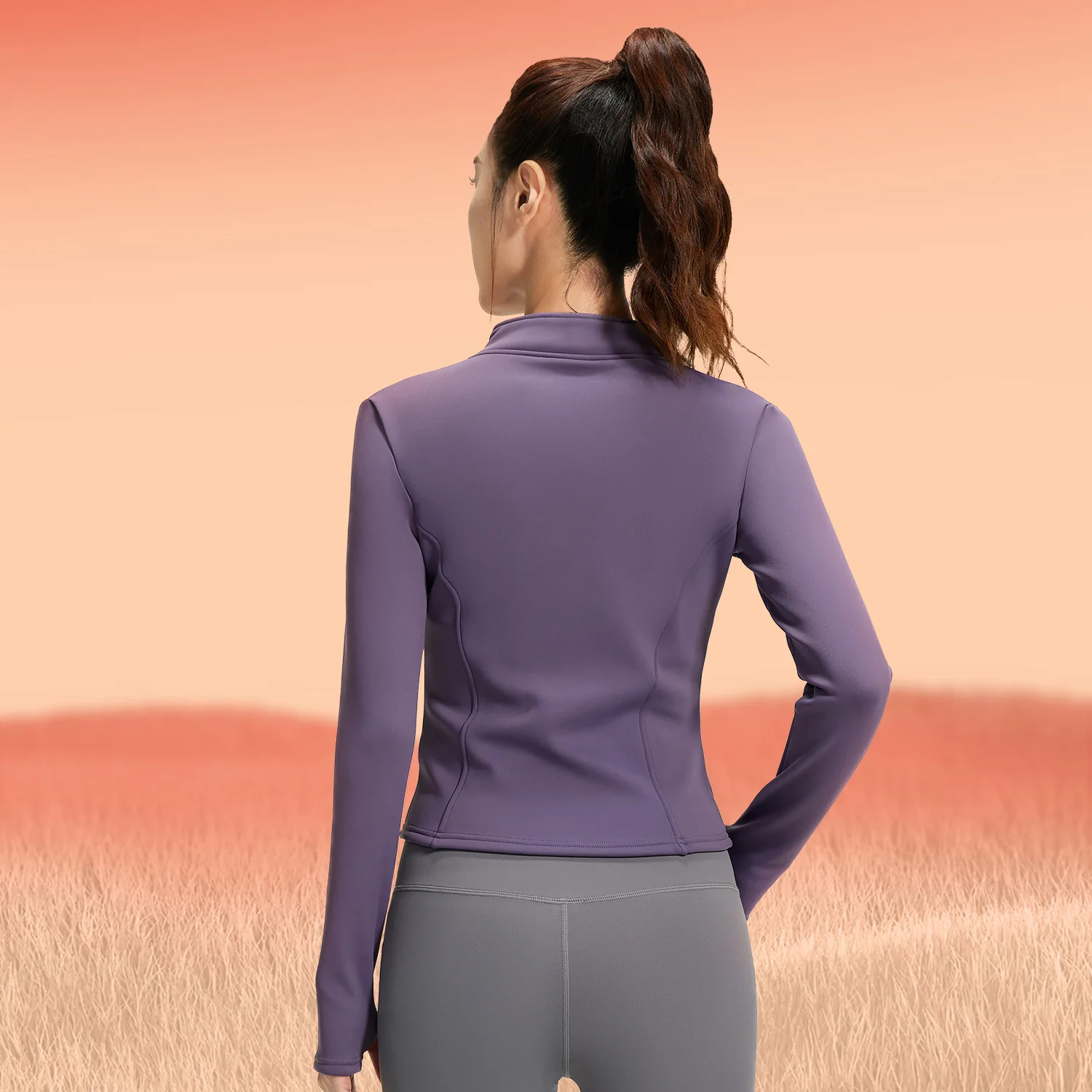 Women Warm Peach Fleece Zip Up Yoga Jacket Stand Collar Thumb Hole Slim Fit Long Sleeve Gym Athletic Workout Top