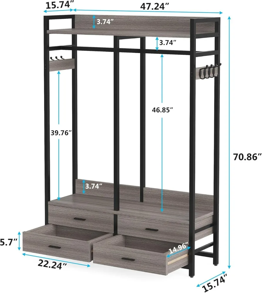 منظم خزانة قائم بذاته لتعليق الملابس، رف ملابس عالي التحمل مع 4 أدراج، 8 خطافات وأرفف تخزين