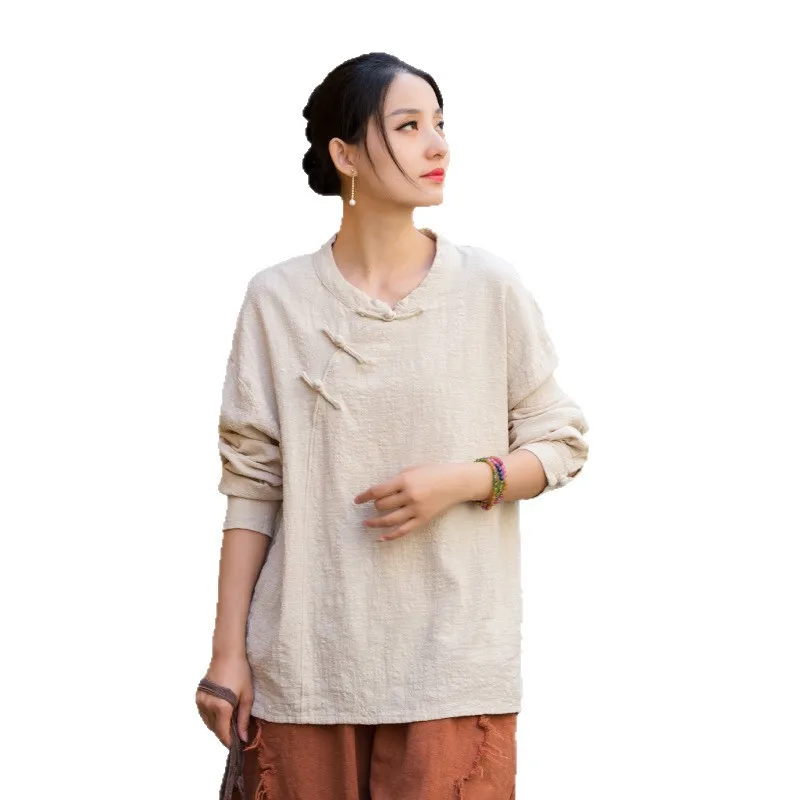 بلوزة F/W Ramie: تصميم أصلي، ياقة على شكل ضفدع مع دانتيل، طراز صيني حديث. #5