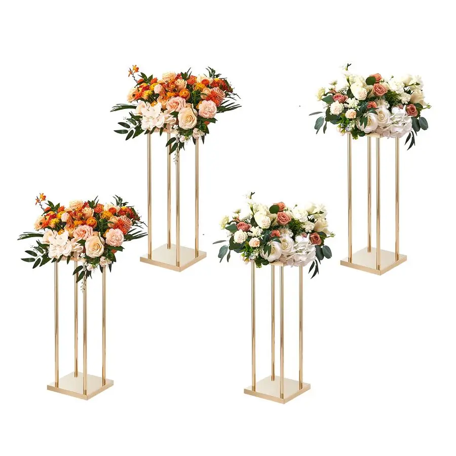 

4PCS Gold Metal Column Wedding Flower Stand, 23.6inch High With Metal Laminate, Vase Geometric Centerpiece Stands, Customizable