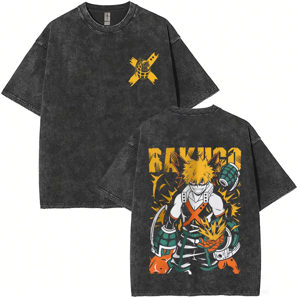 

Anime My Hero Academia Bakugou Katsuki Vintage Washed T-shirt Men Women Casual Retro Oversized T Shirts Cartoon Funny T-shirts