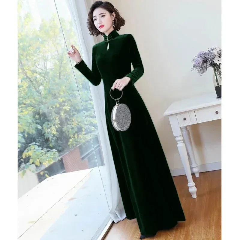 

Women's Cheongsam Female Golden Velvet Long Dress Spring Autumn Winter Full Dress Noble Temperament Dress Vestidos