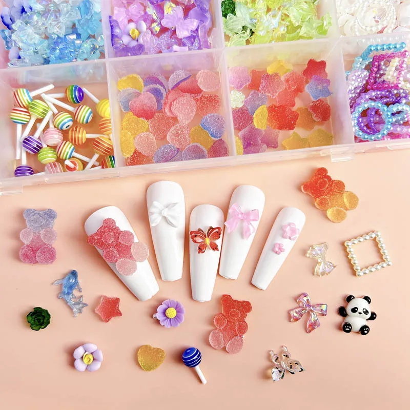 1 Box Random Mixed Resin Nail Charms Cartoon Bear butterfly Pearl Rose Lollipop Nail Art Decoration Accessories Manicure DIY