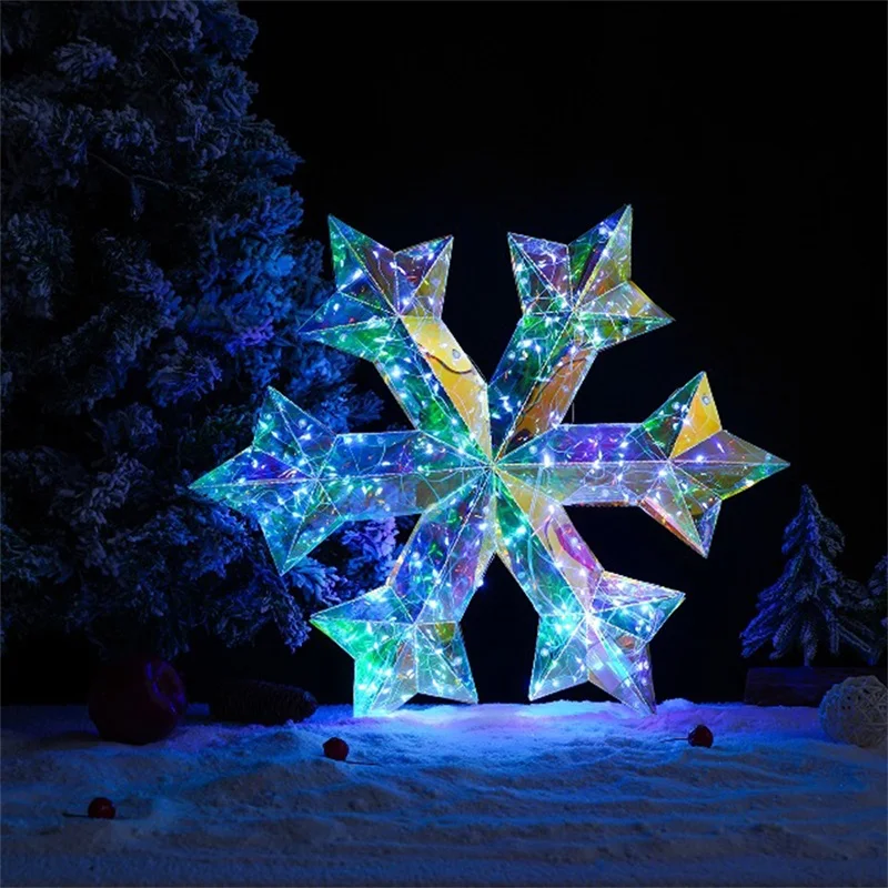 Christmas Snowflake Lights Iridescent Prismatic LED Snowflake Hanging Decoration for Window Party Wedding