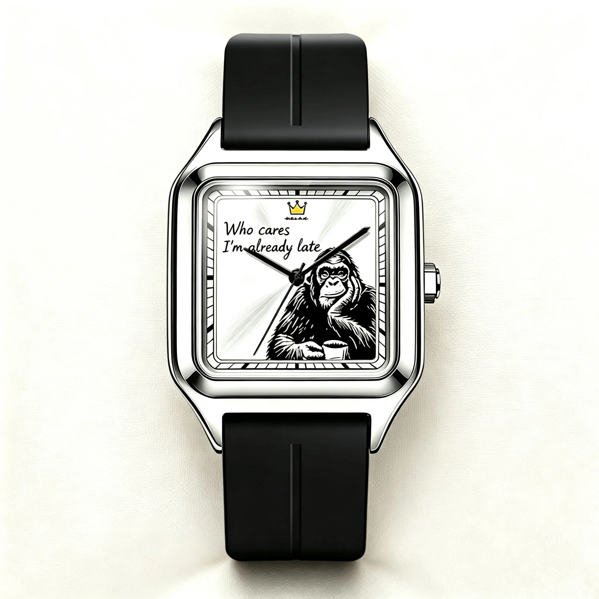 Men Square Quartz Watch Funny Slogan Animal Graphic Dial Black Silicone Strap Casual Analog Wristwatch Novelty Gift