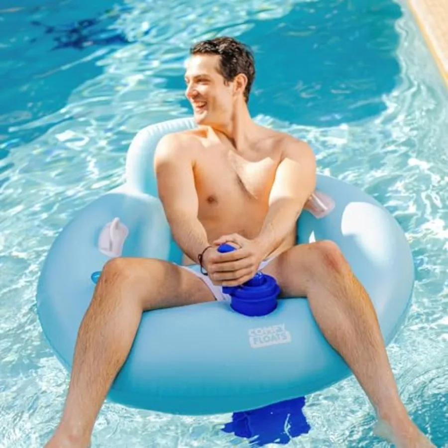 Motorized Pool Float for adult use in pool and lake, durable PVC material, blue color, 360 motorized propeller with cup holder