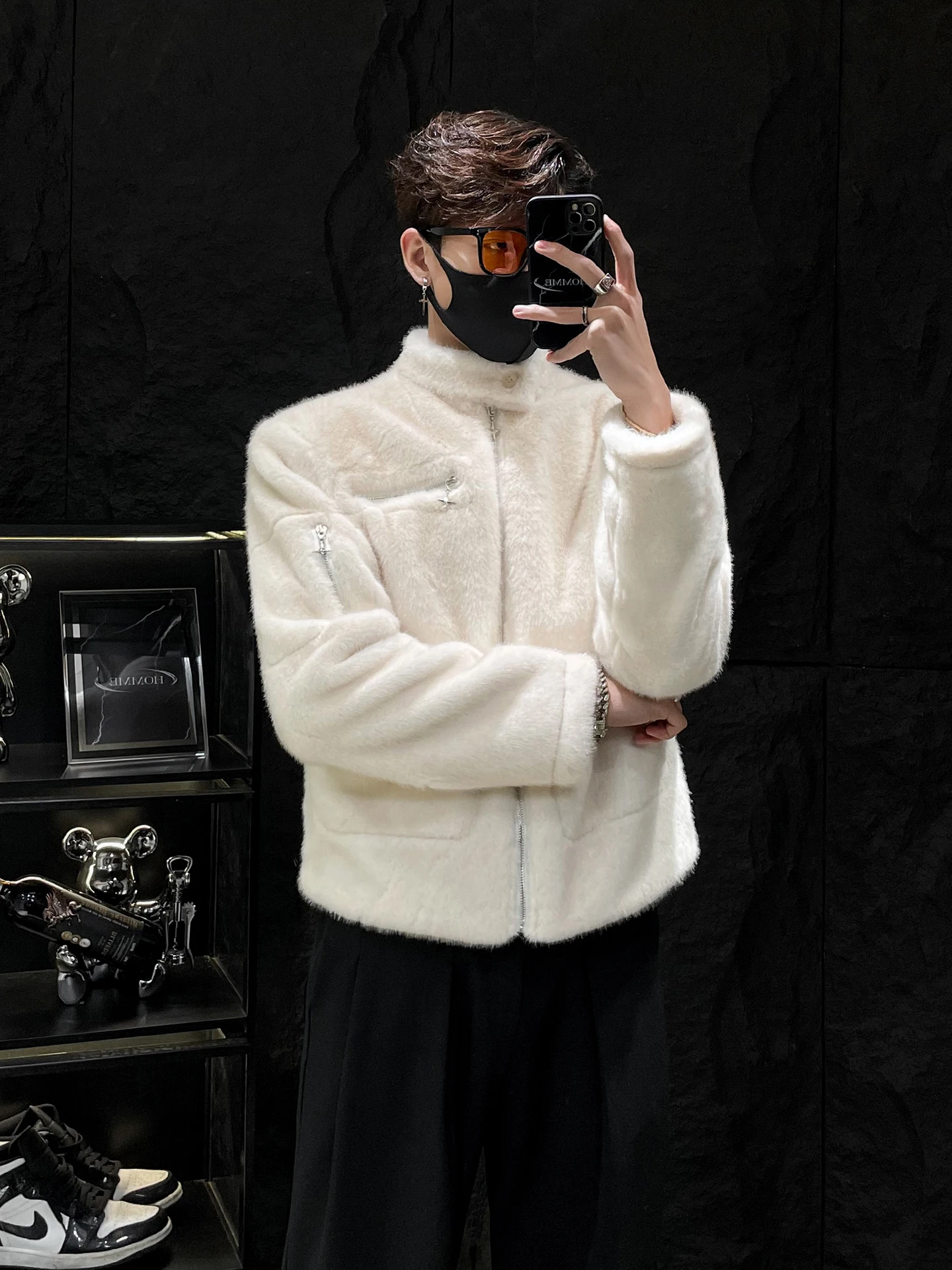 HOMME Herren Ort Kaninchenfell Jaet Stehkragen Warm Casual Faion Oberbekleidung Thiened Loose Fit Reißverschluss Mantel