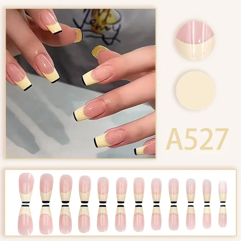 24pcs Sweet Cool Style Nail Art Wearable Nails French Line Halo False Nails Press on Removable Fake Nails with Glue