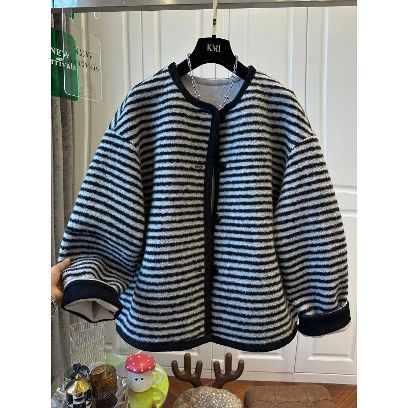 

Полосатое пальто контрастного цвета, женское свободное повседневное модное осенне-зимнее пальто, топ с круглым вырезом и длинными рукавами