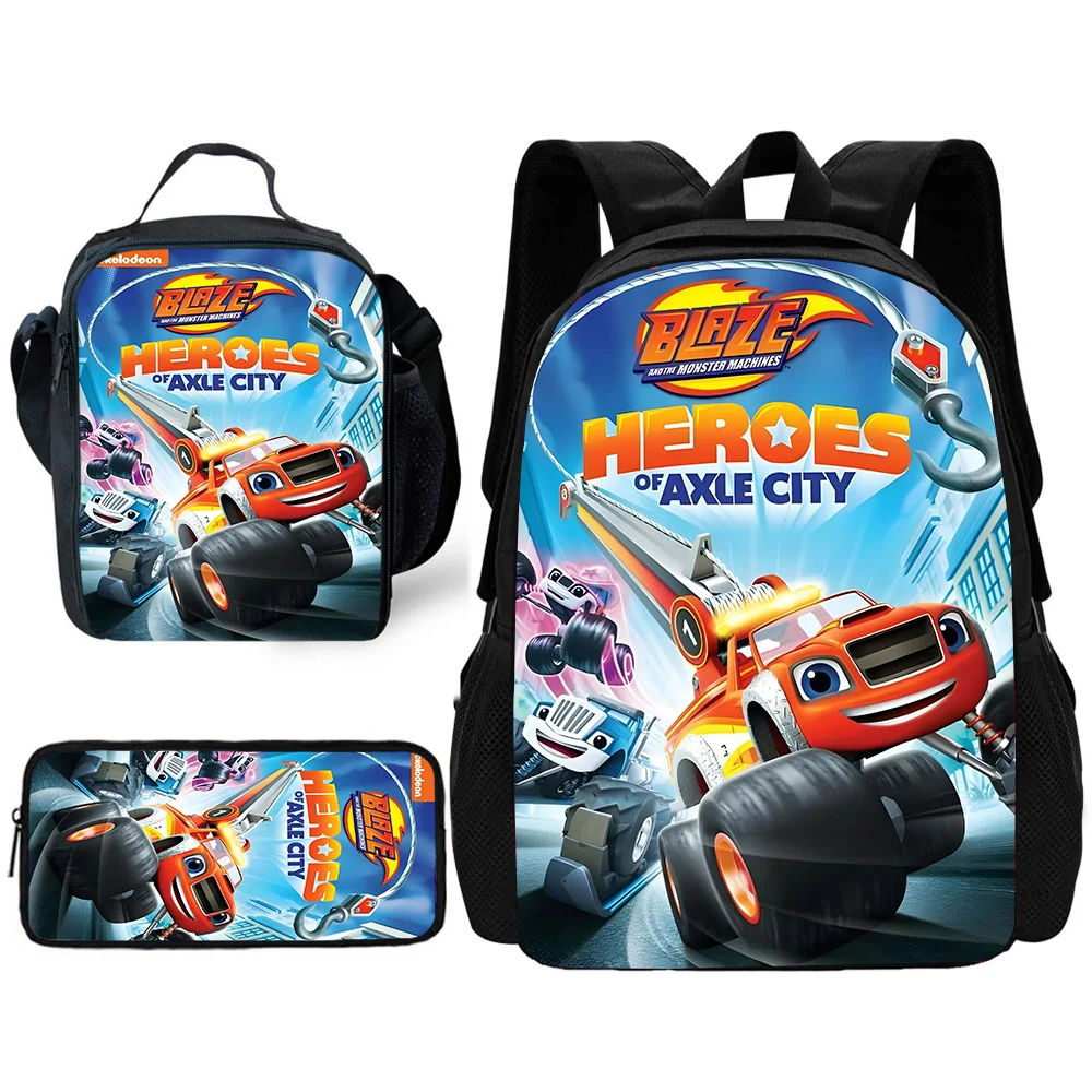 Child School Anime Blaze and the Monster Machines Backpack with Lunch Bags ,Pencil Bags ,School Bags for Boys Girls Best Gift