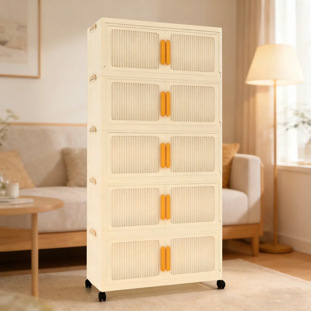 

Storage Cabinet With Wheels, Double Door Plastic Organizer For Bedroom, Living Room And Closet