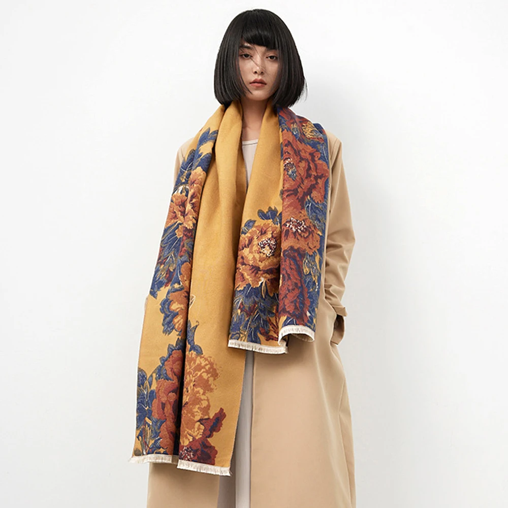 

2025 Fashion Imitation Cashmere Women's Shawl Autumn Winter Warm Thicken Scarf Peony Flower Pattern Design Ladies Stoles