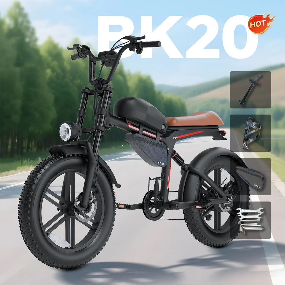 QNUT BK20 Electric Bike for Adults 1500W Peak Brushless Motor 48V 18AH Removable Battery 20"*4.0"Fat Tire Full Suspension All‑Terrain Off‑Road Vintage Chopper Ebike Mountain Dirt Bike Ship From US Warehouse