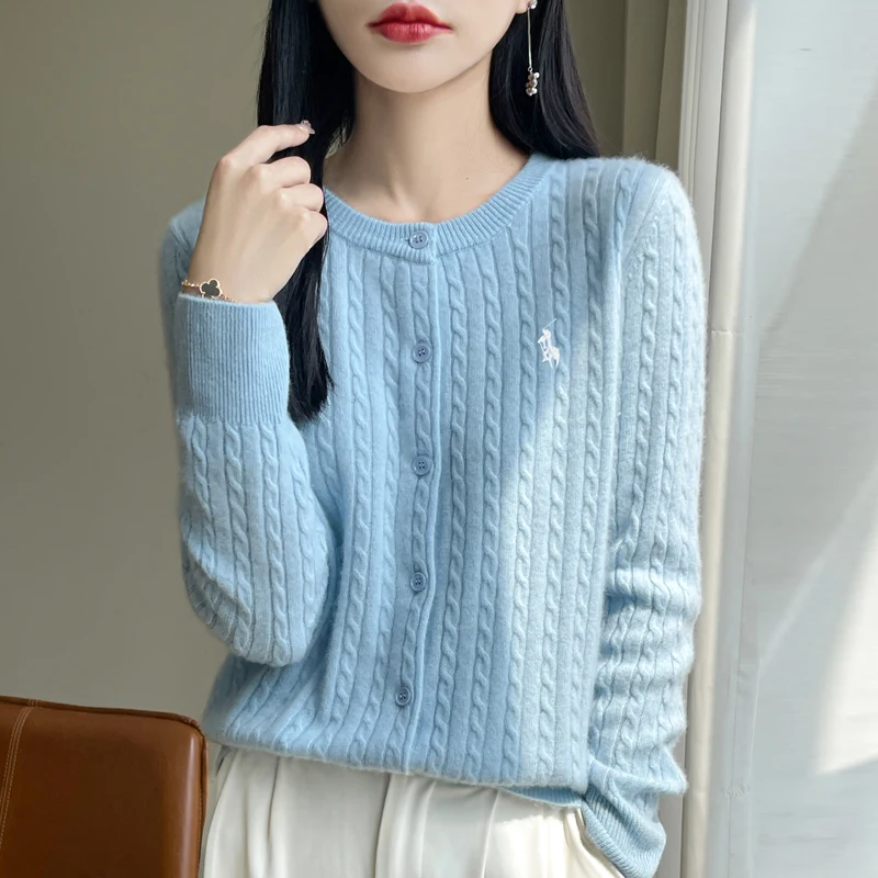 YSC2024 New Women's Classic Australian Pure Wool Twisted Flower Knitted Cardigan Long Sleeve Casual High Quality Knitted Sweater