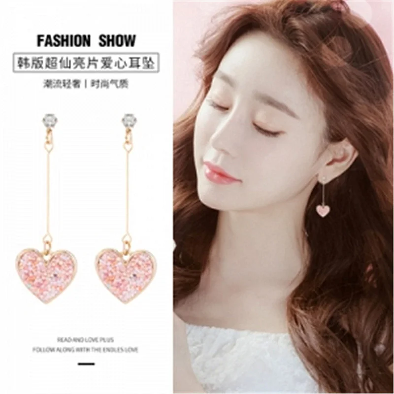 Korea Small Fresh Pink Sequin Love Earrings For Women Sweet Crystal Heart Long Earrings Female Jewelry Oorbellen Pendientes Boho