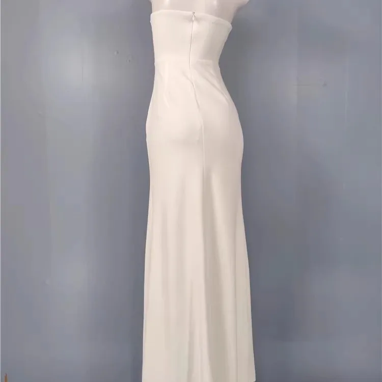 فستان سهرة طويل عالي الخصر مع تصميم من الألياف مع فتحة جانبية للتخسيس والخصر مطوي على شكل حرف A للنساء