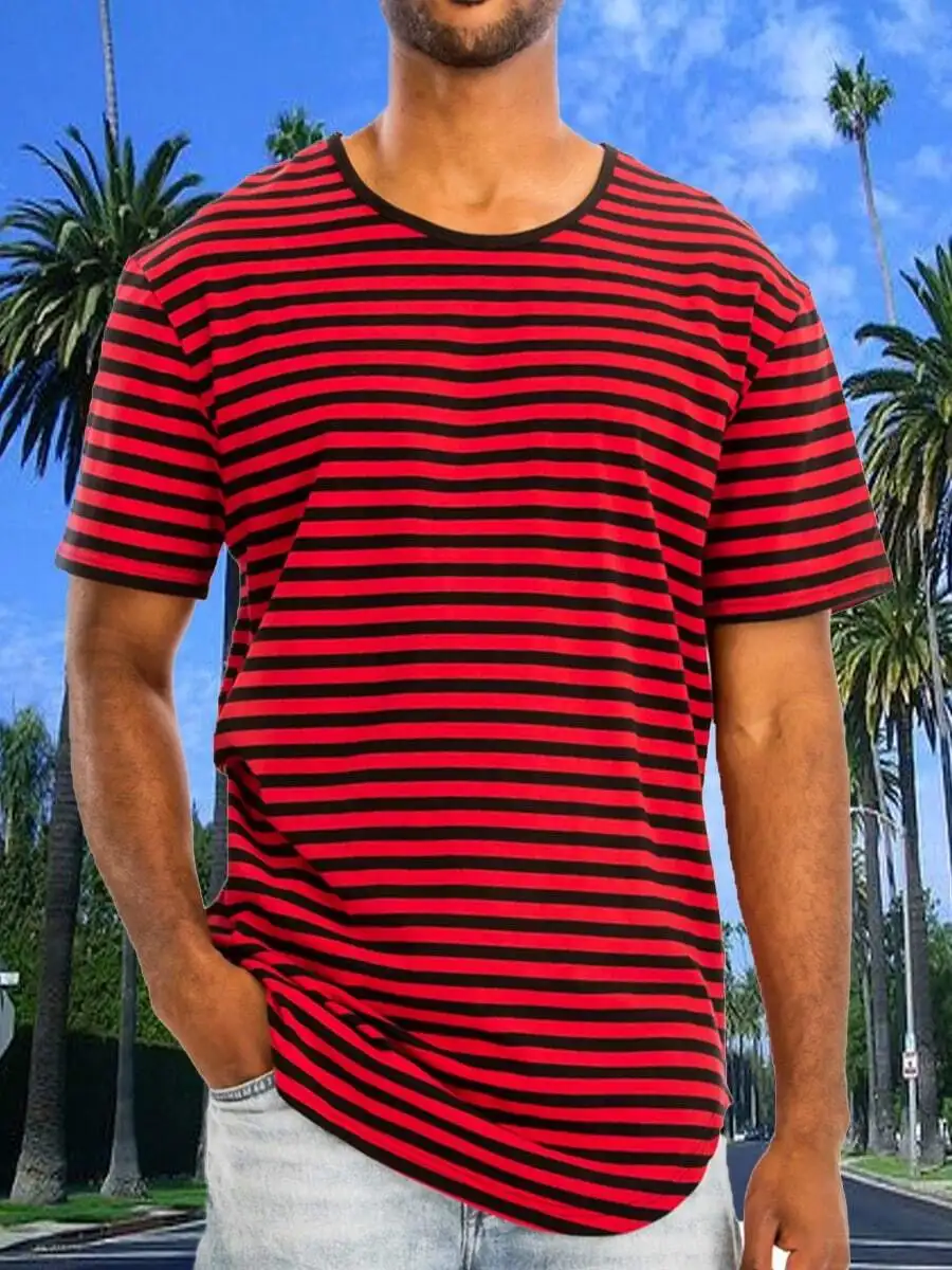 

Mens Red And Black Striped Round Neck Casual Cotton T-Shirt