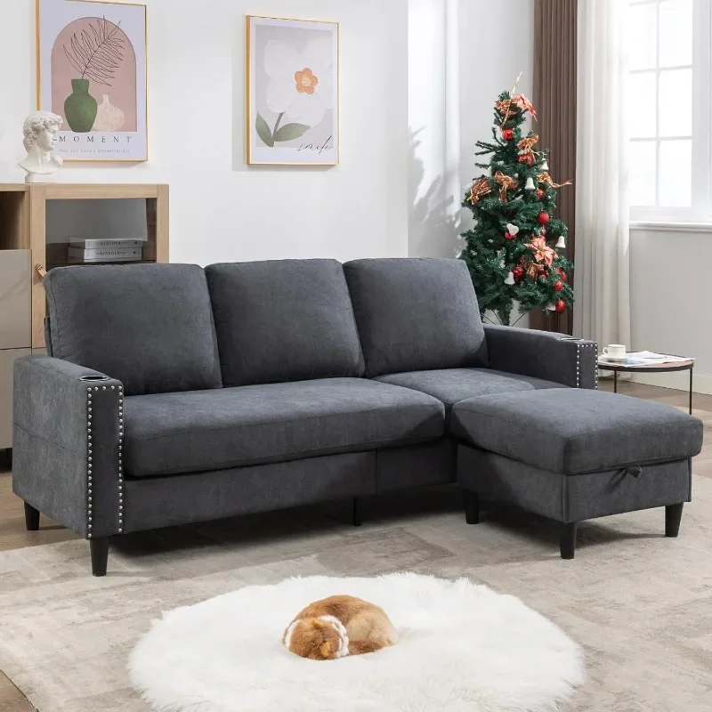 

Convertible Sectional Couches for Living Room, L-Shaped Couch 3 Seats Sofas with Storage Chaise & 2 Cup Holders,Dark Grey