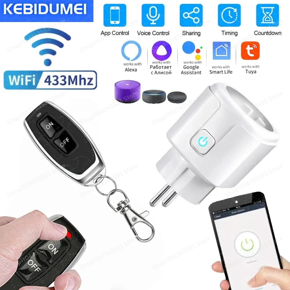 220V 16A Tuya EU WiFi Smart Plug Socket 433 MHZ Rf Wireless Remote Control with Power Monitoring Voice Control Smart Life APP