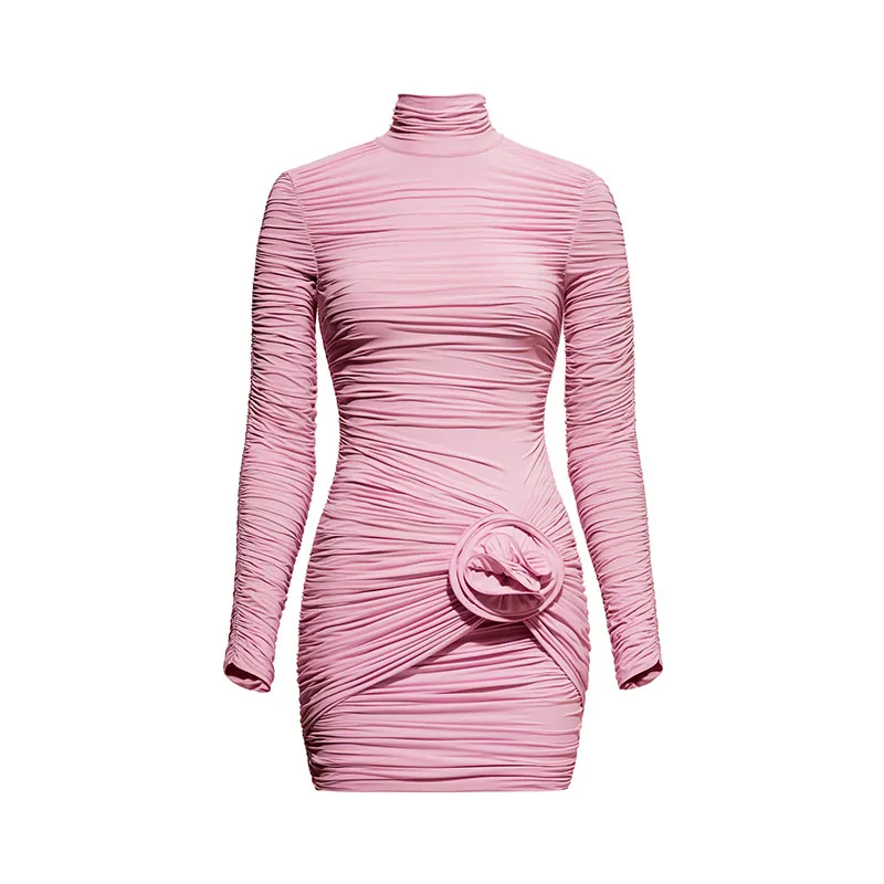 Meia alta pescoço 3d flor vestido plissado mulher magro cor sólida mangas compridas vestidos curtos chique sexy elegante feminino novo mini vestido