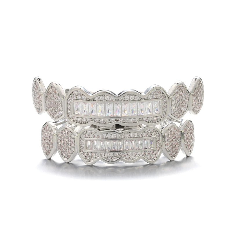 Hip Hop Full CZ Baguette Stones Teeth Grillz Caps Cubic Zircon Iced Out Micro Pave Top&Bottom Charm Grills For Men Women Jewelry