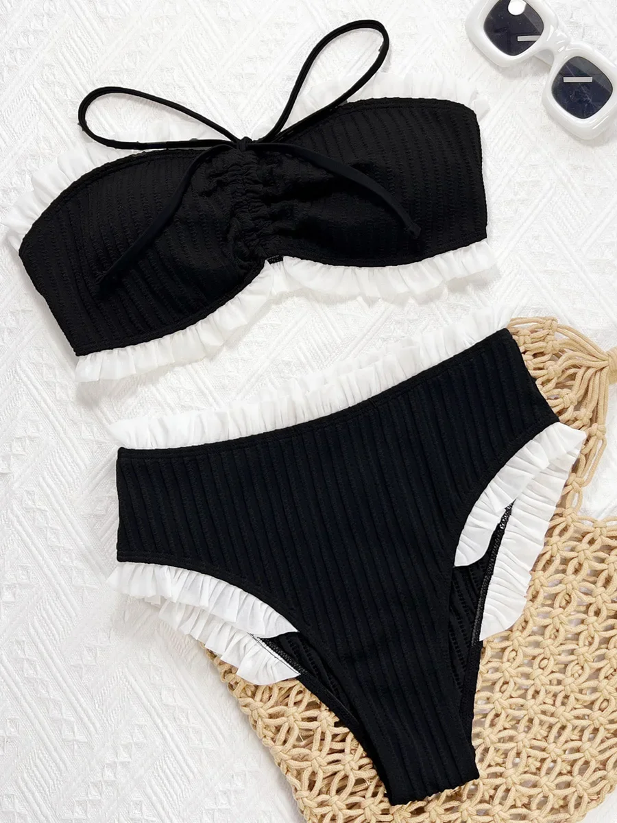 Traje de baño Bandeau con volantes para mujer, Bikini de cintura alta, traje de baño para mujer, conjunto de Bikini de dos piezas, traje de baño arrugado para nadar para mujer