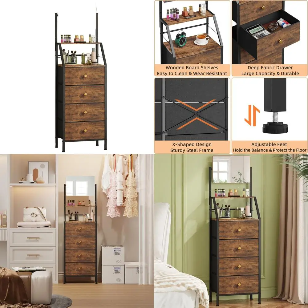 

Rustic Brown Tall Narrow Vanity with Mirror & 4 Drawers for Small Spaces