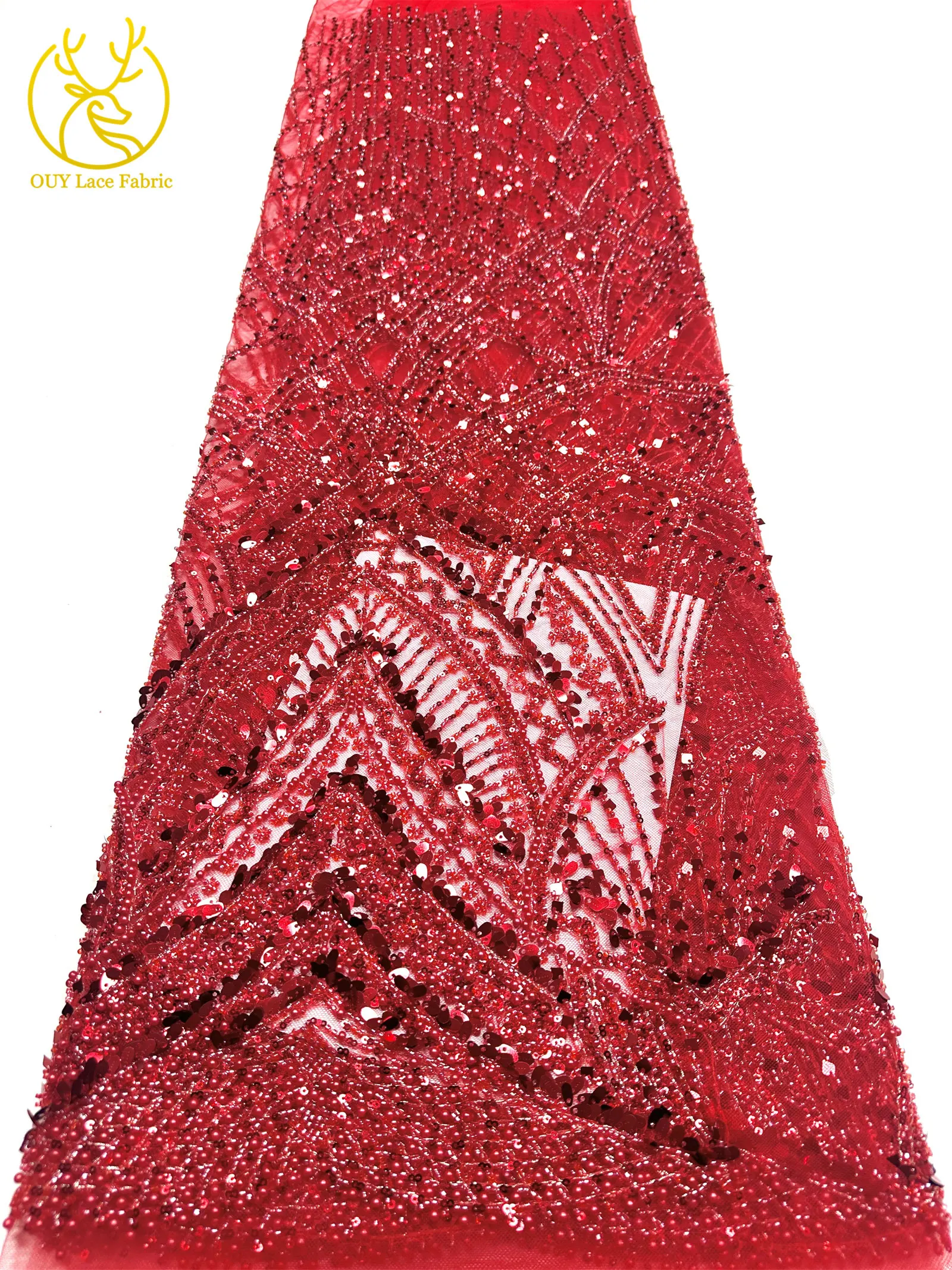Roter afrikanischer Perlen-Spitzenstoff 2026, hochwertiger französischer nigerianischer Pailletten-Spitzenstoff für Damen, Hochzeit, Party, Kleid, Nähen – Detail 6