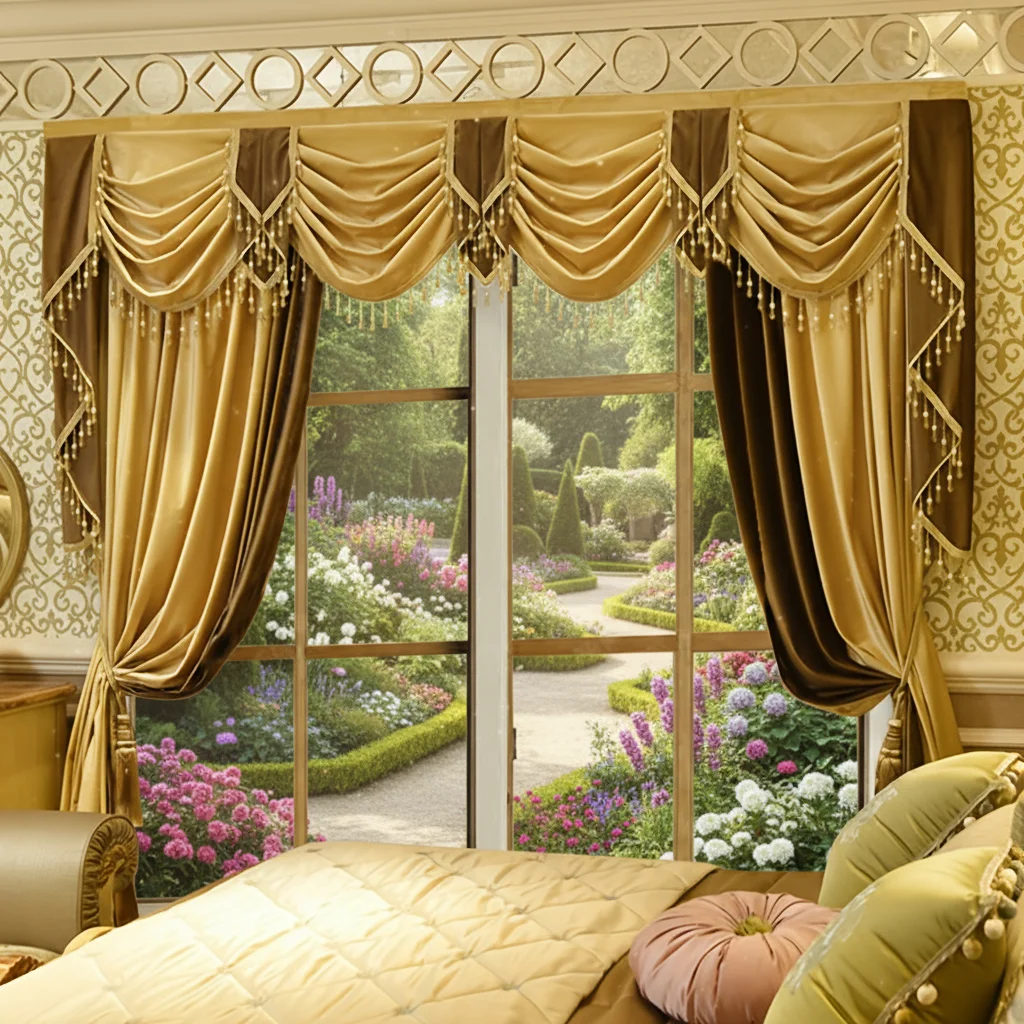 Luxuriöses europäisches Vorhang-Set: 2 Vorhänge + 1 Volant, elegantes Fransendekor, hochwertiges Finish für Wohnzimmer und Schlafzimmer