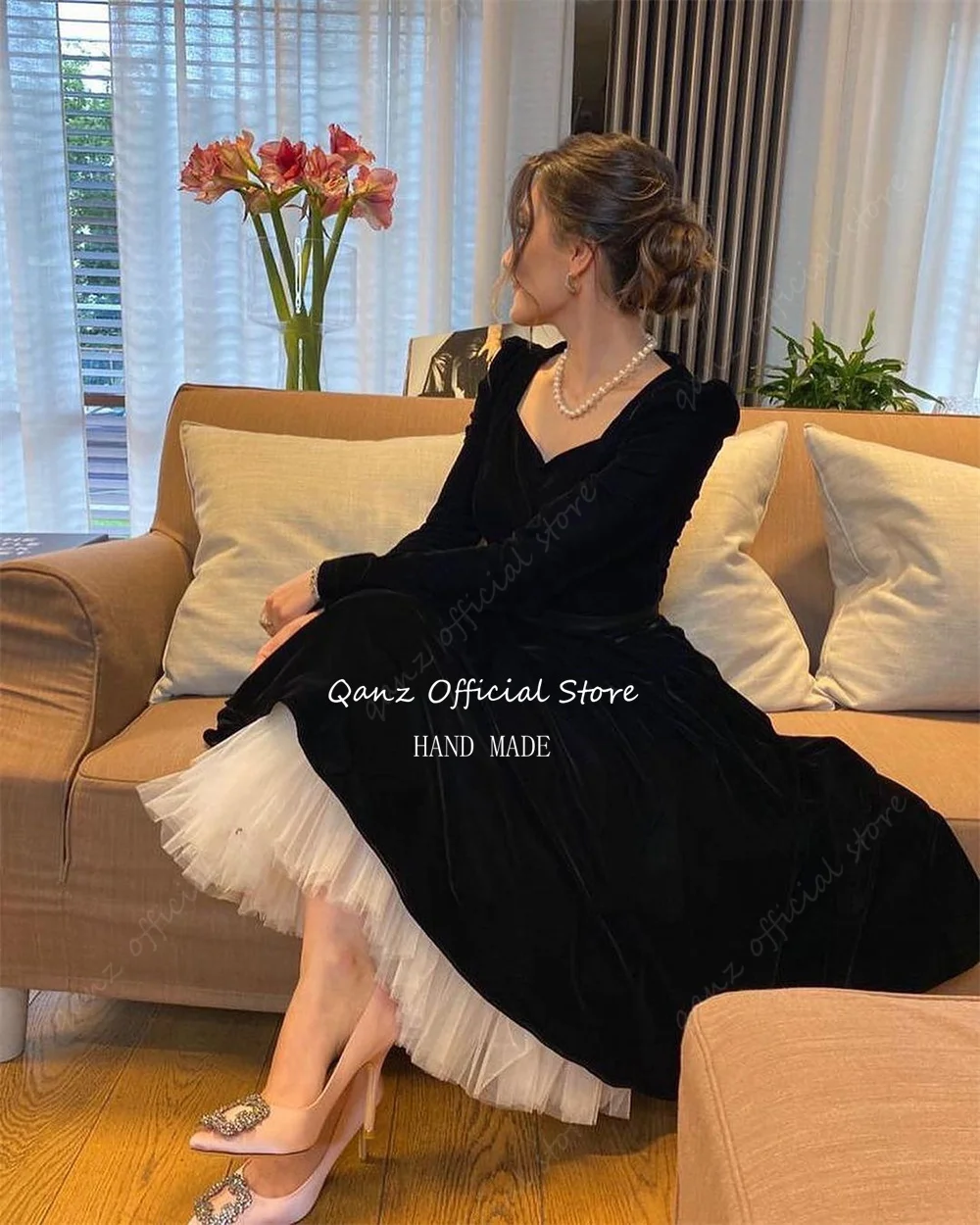 Qanz Saudi Black Velour Evening Dresses A Line Formal Occasion Dresses Ankle Length Long Sleeves Birthday Party Customized