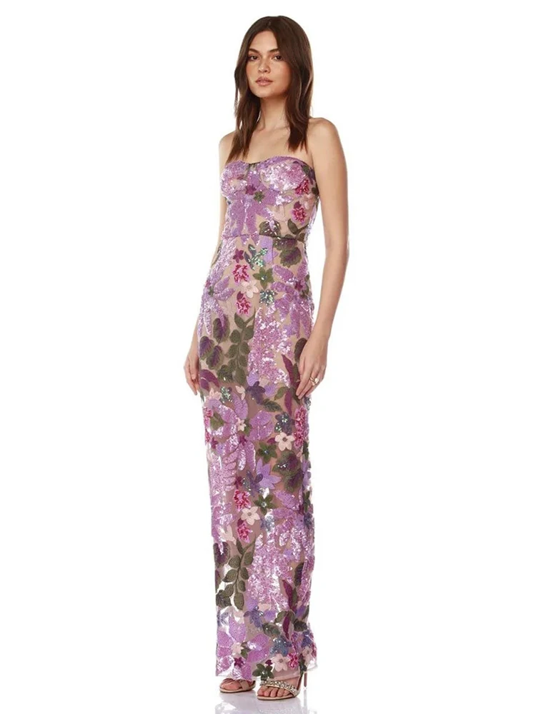 VC New Sexy Luxury Women Lavender Strapless Floral-Embroidered Sequin Long Dress Flower Sequined Slim Dresses Evening Party Gown