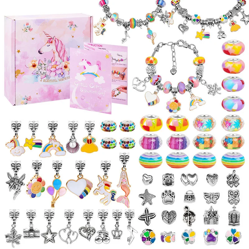 Storage DIY Beaded Bracelet Set with Box for Girls Gift Acrylic Large Hole Beads Handmade Jewelry Making Kit Pretend Play Toys