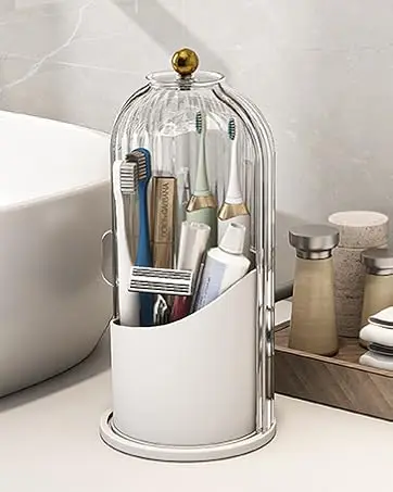 Toothbrush and Toothpaste Holders with Cover, All Pink | Waterproof and Dustproof, 360° Rotating Base, Smooth Sliding Door, 3 Slots, for Bathroom Countertop