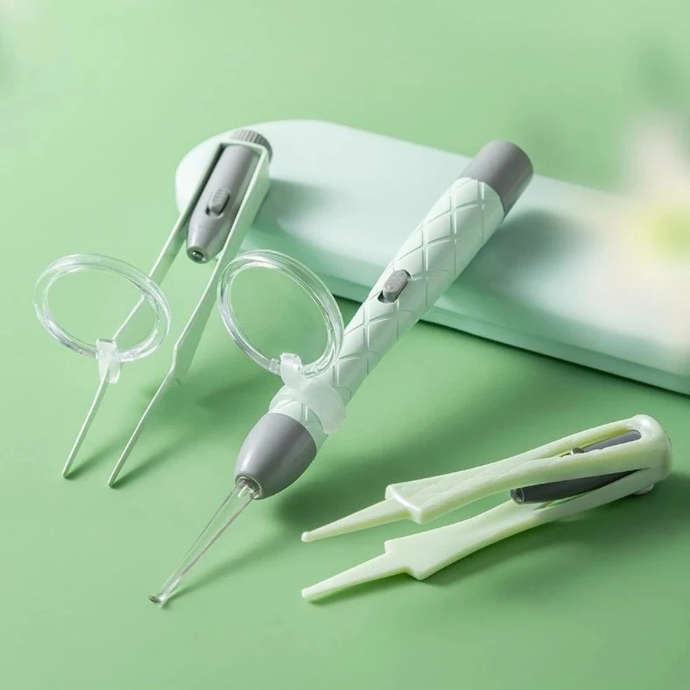 Luminous Ear Spoon Set Ear Wax Removal Cleaning Tweezers LED Light Earpick Nose Clip Children Adults Ear Care Tools Kit USBcharg