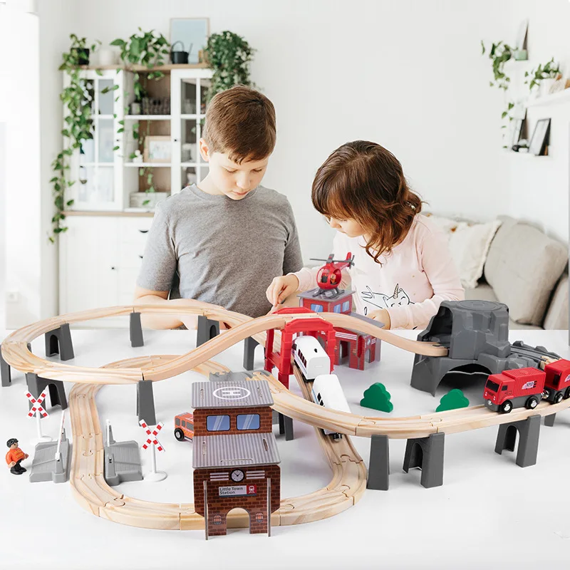 Jouets en bois Montessori pour enfants, Puzzle de bricolage, blocs de construction de Train à piste circulaire, ensemble d'accessoires, jeux de société de construction, 87 pièces