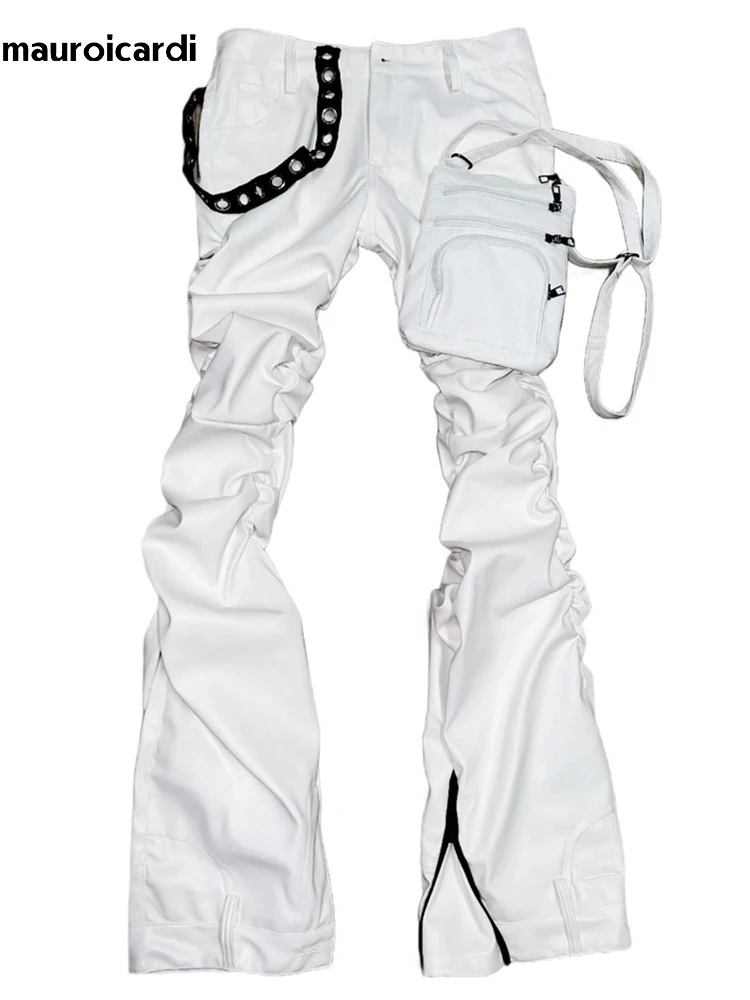 Mauroicardi Spring Autumn Cool Handsome Fitted Long White Pu Leather Ruched Pants for Men Luxury Designer alternative Clothes